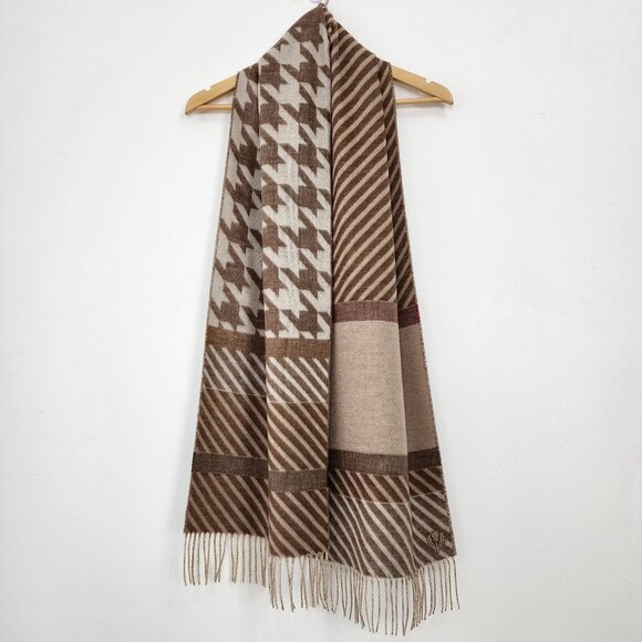 Reversible Houndstooth Stripe Pattern Beige Scarf Fringe Fall Fashion Cozy Soft - Picture 2 of 14